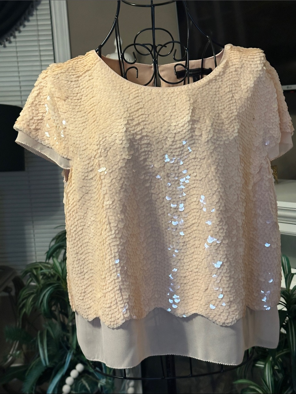 BCBGMaxAzria Blush Sequin Short Sleeve Layered Blouse